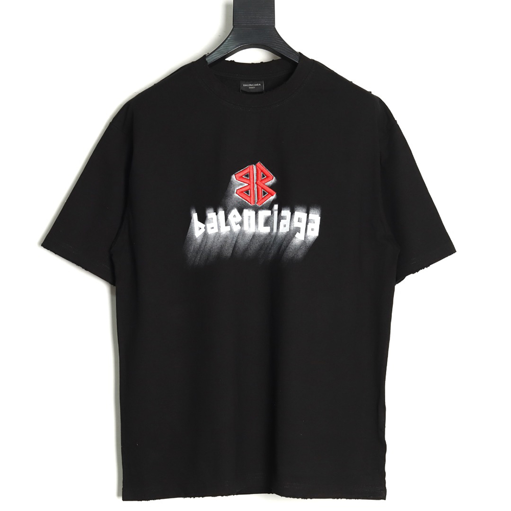 Balenciaga Double B embroidery and 3D inkjet logo ripped short-sleeved T-shirt TSK1