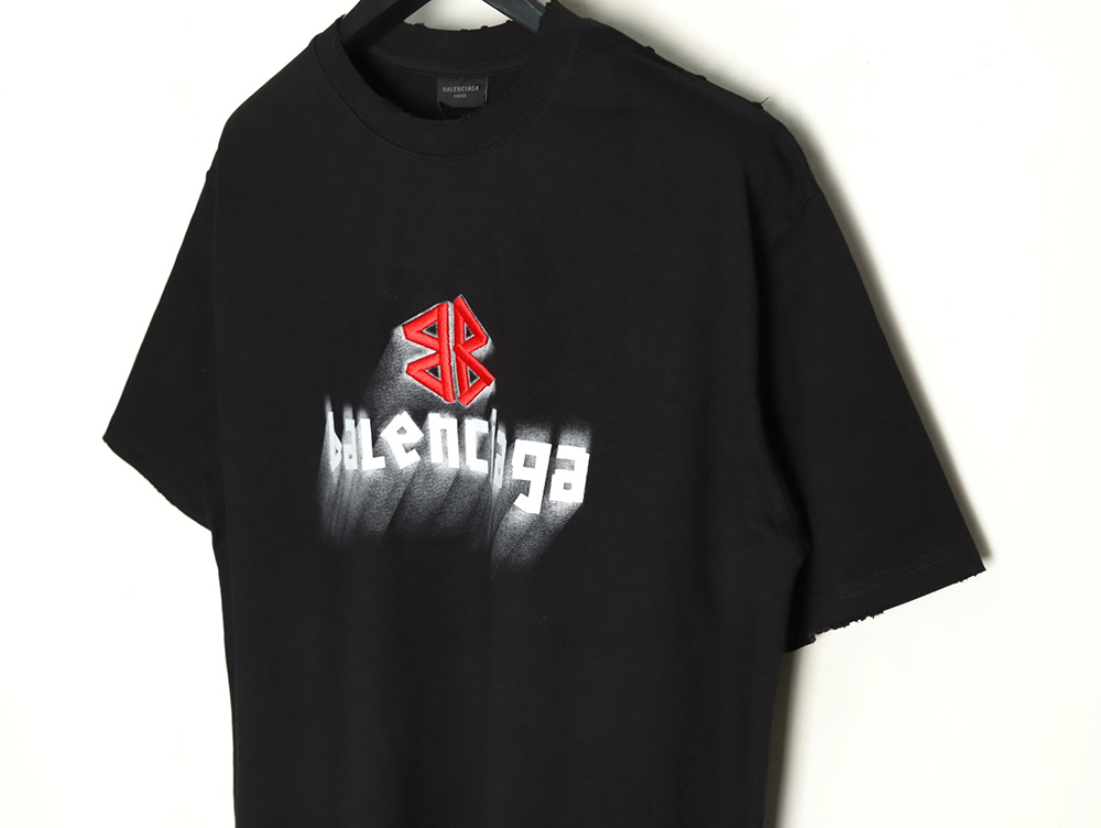 Balenciaga Double B embroidery and 3D inkjet logo ripped short-sleeved T-shirt TSK1