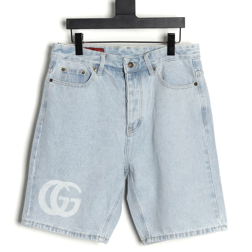Gucci Double G print washed blue denim shorts